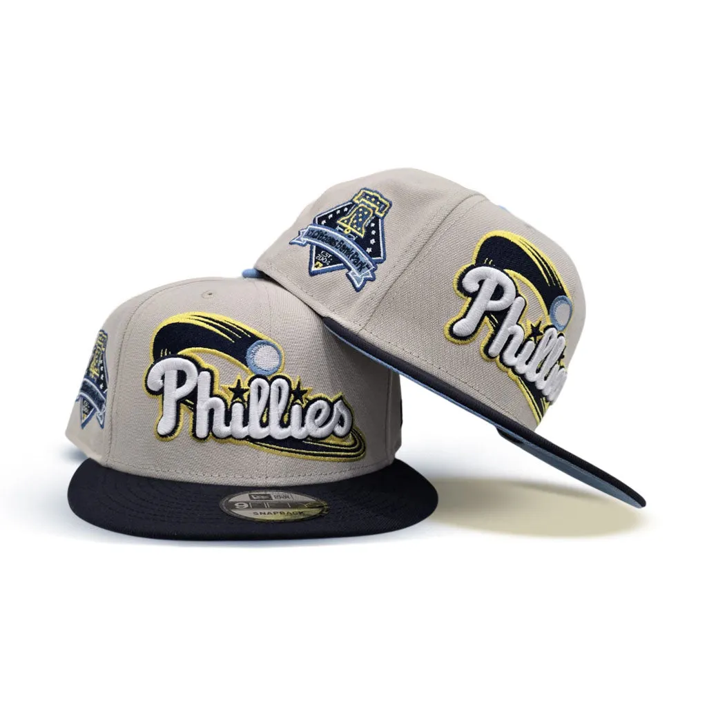 Stone Philadelphia Phillies Navy Blue Visor Sky Blue Bottom Citizens Bank Park EST. 2004 Side Patch New Era 9Fifty Snapback