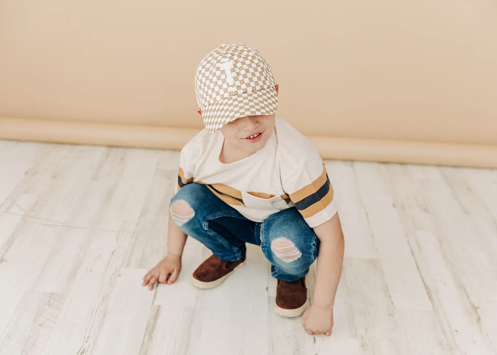 Tan Checker Letter Baseball Hat