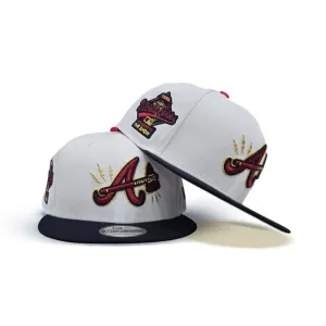 White Atlanta Braves Lighting Logo Navy Blue Visor Gray Bottom 1995 World Series Welcome To The Show Side Patch New Era 9Fifty Snapback