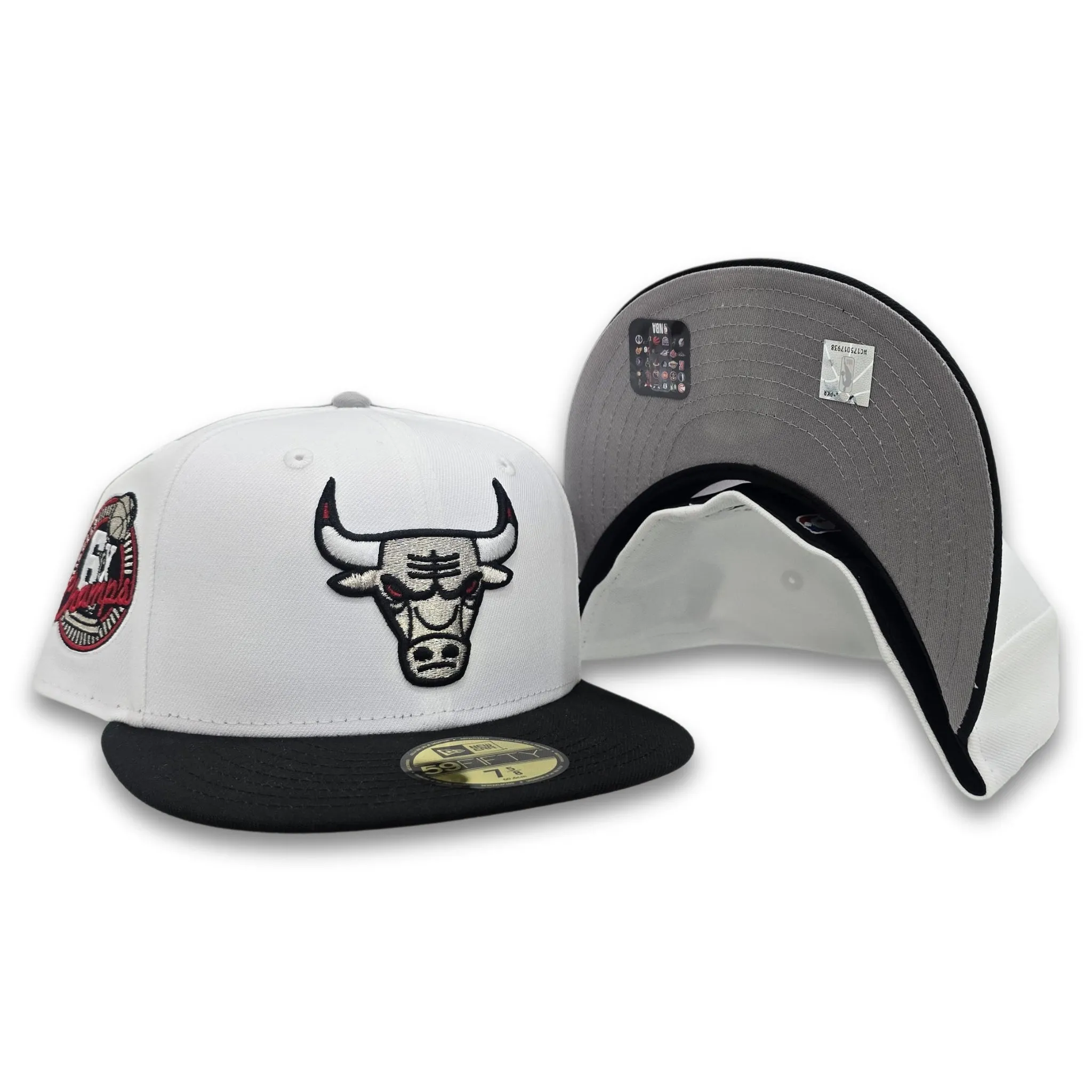 White Chicago Bulls "Jordan 4 Cement" Black Visor Gray Bottom 6X Champions Side Patch New Era 59Fifty Fitted