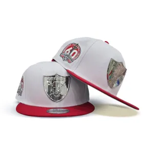White Las Vegas Raiders Red Visor Gray Bottom 60th Anniversary Side Patch New Era Silver Metal Badge 9Fifty Snapback