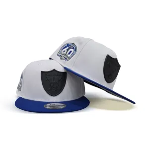 White Las Vegas Raiders Royal Blue Visor Gray Bottom 60th Anniversary Side Patch New Era Silver Metal Badge 9Fifty Snapback