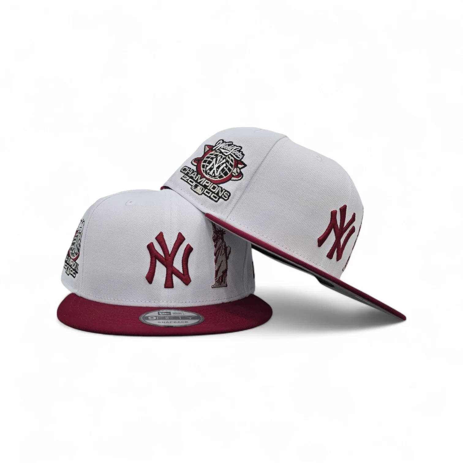 White New York Yankees Statue of Liberty Burgundy Visor Gray Bottom 2000 World Series Champions Side Patch New Era 9Fifty Snapback