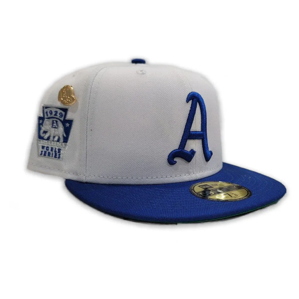 White Philadelphia Athletics Royal Visor Green Bottom 1929 World Series Side Patch "59FIFTY DAY" New Era 59Fifty Fitted
