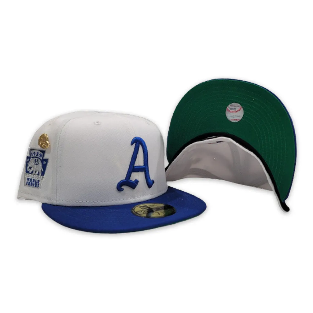 White Philadelphia Athletics Royal Visor Green Bottom 1929 World Series Side Patch "59FIFTY DAY" New Era 59Fifty Fitted