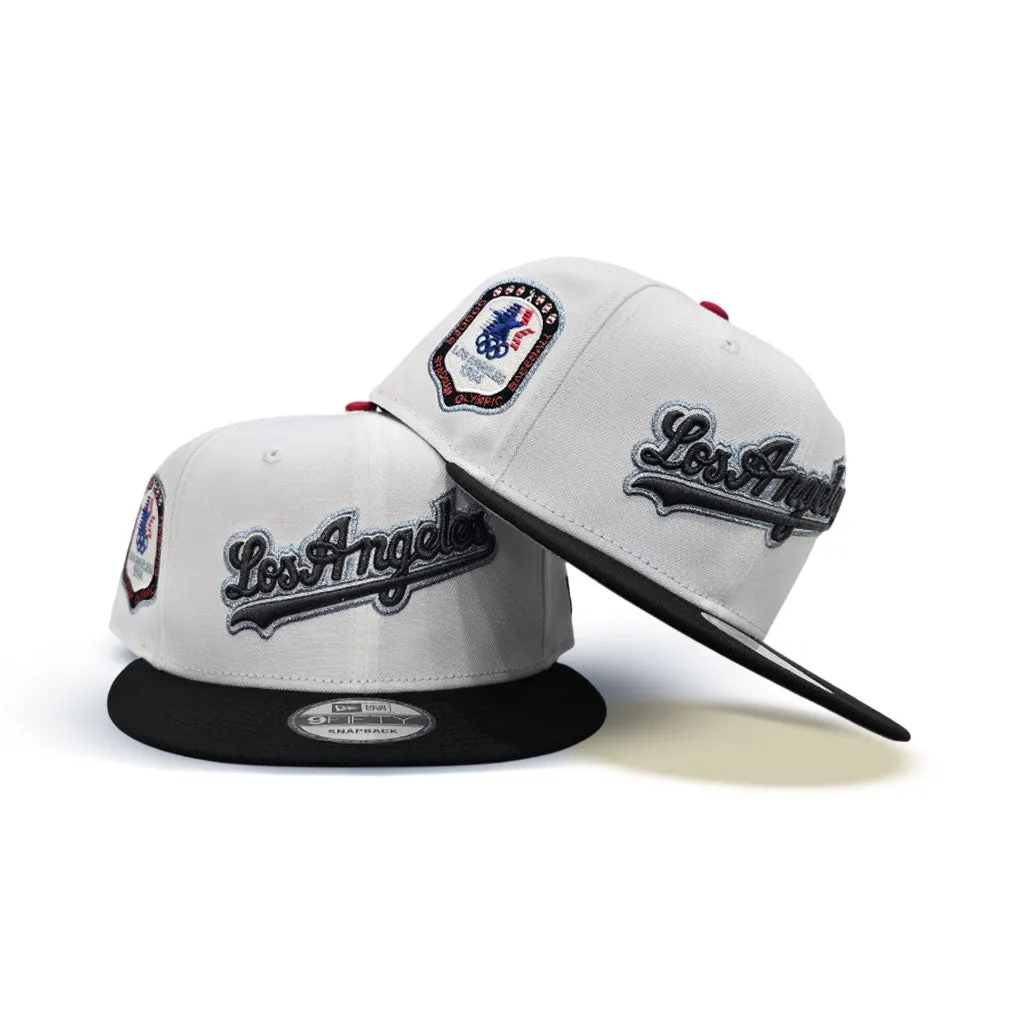 White Script Los Angeles Dodgers Palm Tree Black Visor Gray Bottom 1984 Olympic Side Patch New Era 9Fifty Snapback