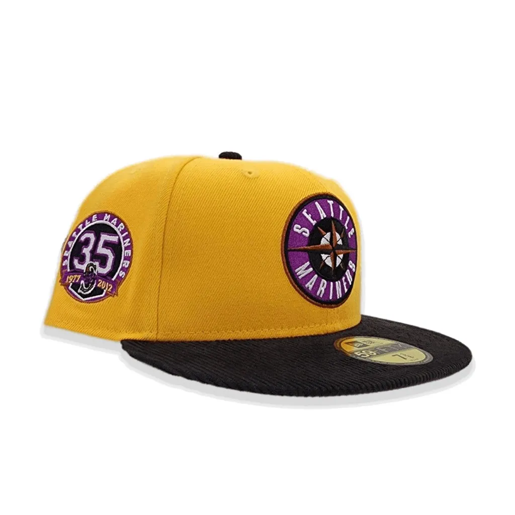 Yellow Seattle Mariners Black Corduroy Visor Grape Purple Bottom 35th Anniversary Side Patch New Era 59Fifty Fitted