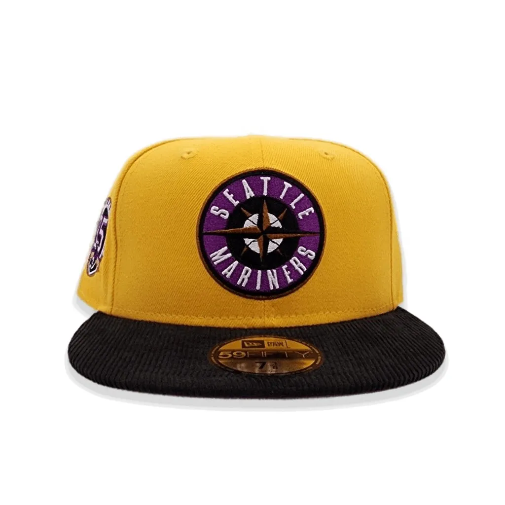 Yellow Seattle Mariners Black Corduroy Visor Grape Purple Bottom 35th Anniversary Side Patch New Era 59Fifty Fitted