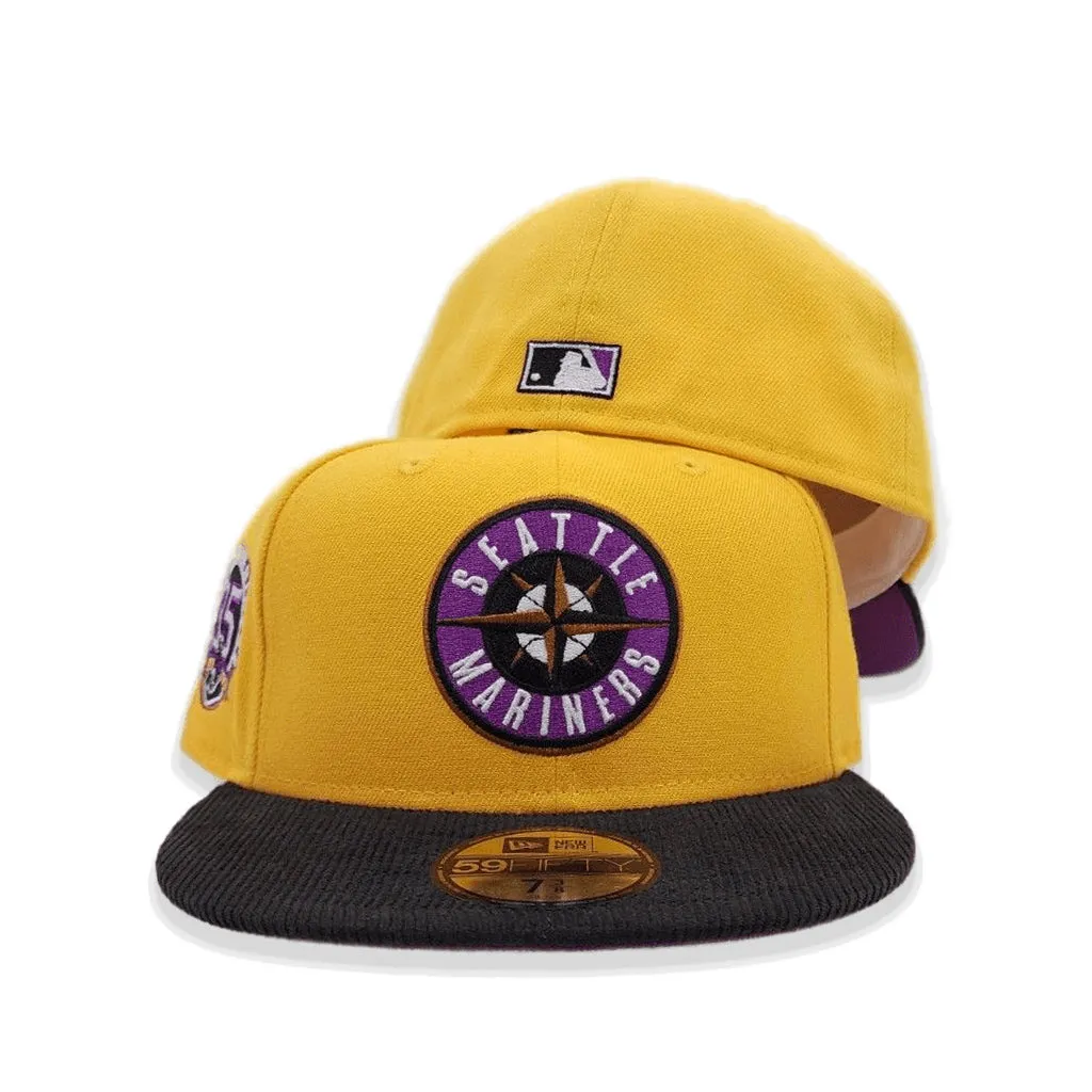 Yellow Seattle Mariners Black Corduroy Visor Grape Purple Bottom 35th Anniversary Side Patch New Era 59Fifty Fitted